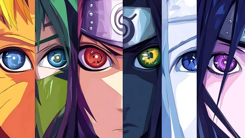Segmented anime eyes with multicolor irises and sharp cel shading