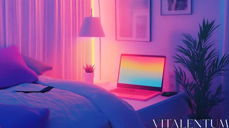 Neon twilight tucks a pastel laptop into cozy bedroom glow