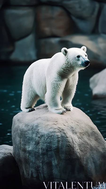 Polar bear on wet rock in captive aquatic habitat, side view