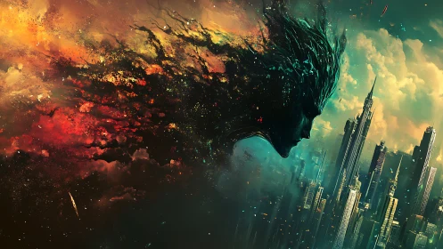 Elemental cosmic spirit descending over futuristic cityscape.