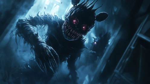 Monstrous shadow creature advances in cold blue corridor