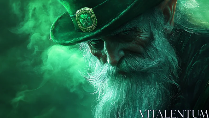 Spectral emerald leprechaun portrait with volumetric smoke field.