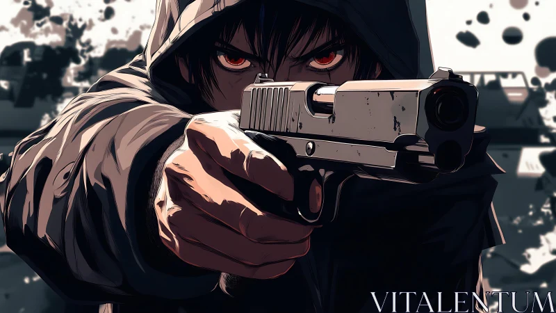 Hooded gunman aims handgun in dramatic anime close-up