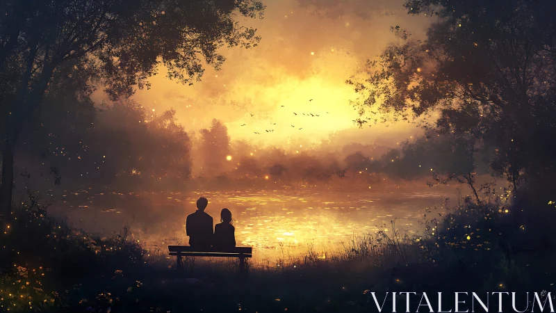 Two Figures on Bench Overlooking Luminous Lake at Dusk.