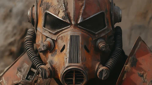 Rust-scarred power helmet studies silence after long battles