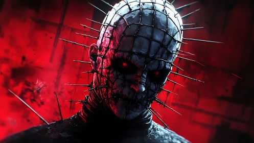 Spiked horror figure stares out from a blood-red void