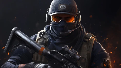 Calm tactical soldier stands ready in glowing embers of action