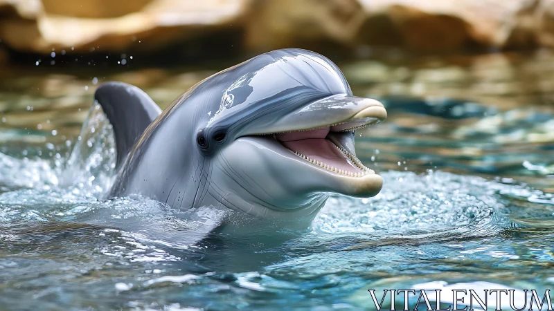 Bottlenose dolphin surfacing in clear pool with splashing water