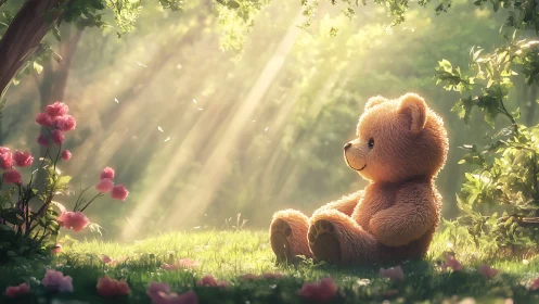 Soft light digital painting of teddy bear in floral glade.
