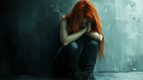 Solitary redhead curls inward in a storm of muted teal sorrow.