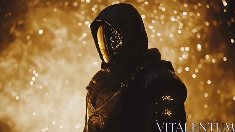 Armored hooded figure silhouetted against molten ember bokeh field