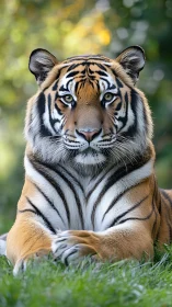Bengal tiger lying on grass with direct frontal gaze.