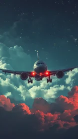 Starlit jet drifting home through glowing evening clouds.