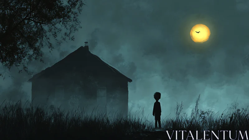 Silhouetted child studies eerie house beneath full moon.