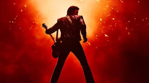 Silhouetted rock guitarist stands against blazing red stage