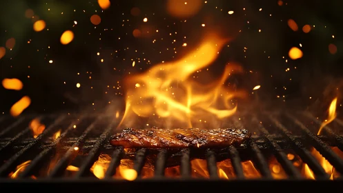 Grilled Steak Over Flames with Airborne Embers and Sparks.