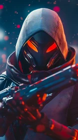 Neon-hooded cyber assassin aims through ember-lit dusk.