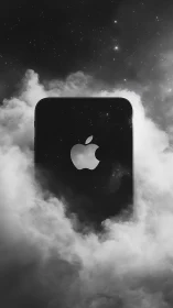 Black smartphone floats in cosmic fog, logo glowing bright.