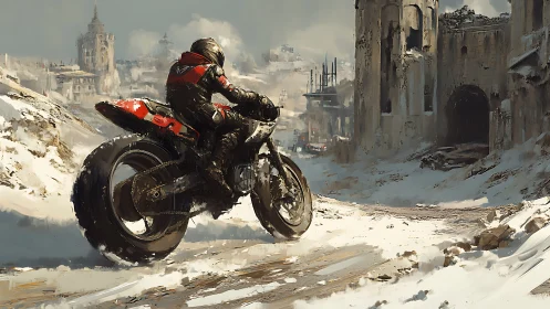 Snow-scorched rider carving tracks through frozen ruins.