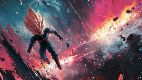 Celestial warrior dives through blazing cosmic impact field.