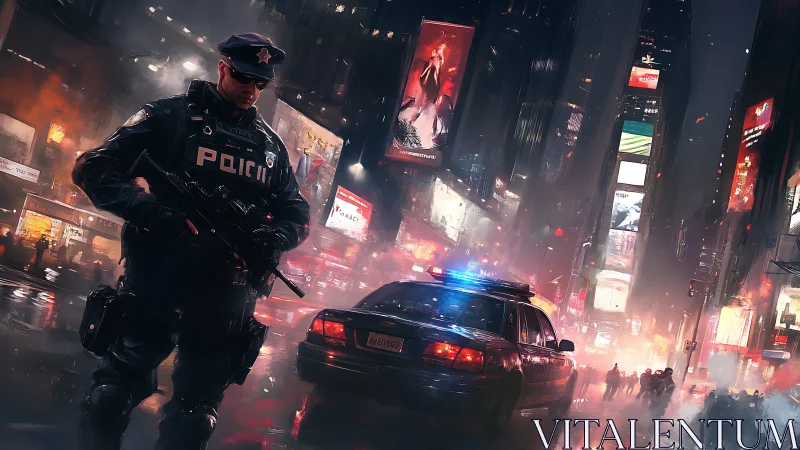 Police officer in neon city street with patrol car at night.