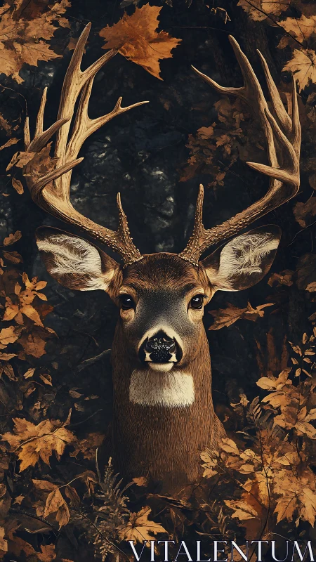 Gentle stag standing quietly in a forest of amber leaves.
