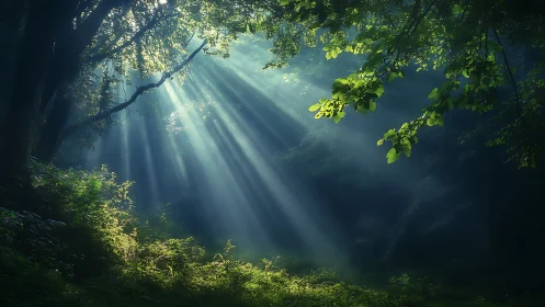 Sunbeams Filtering Through Lush Forest Canopy, Serene Nature Scene.