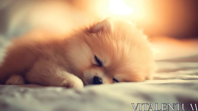 Sleeping Pomeranian puppy rests in dreamy golden light