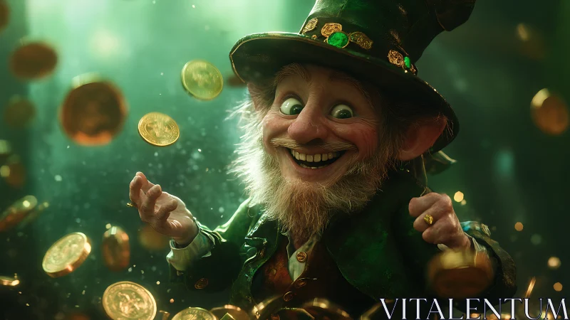 Cheerful 3D leprechaun portrait surrounded by flying gold coins