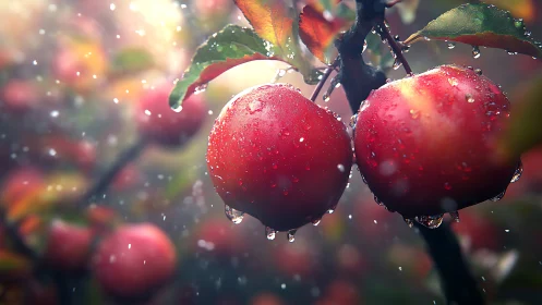 Red apples on tree branch in rain with water droplets.
