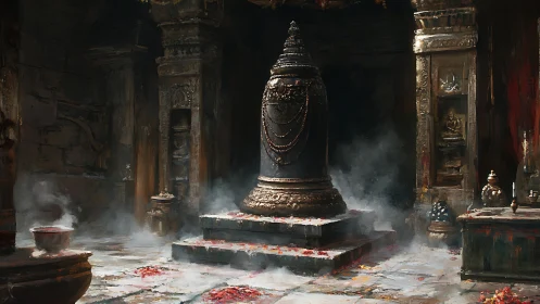 Ancient stone lingam stands in misted inner shrine chamber