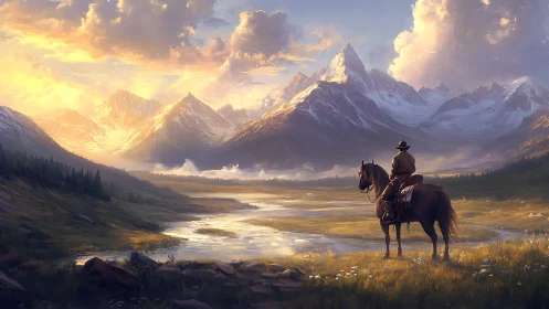 Lone rider salutes blazing mountain sunrise over wild valley.