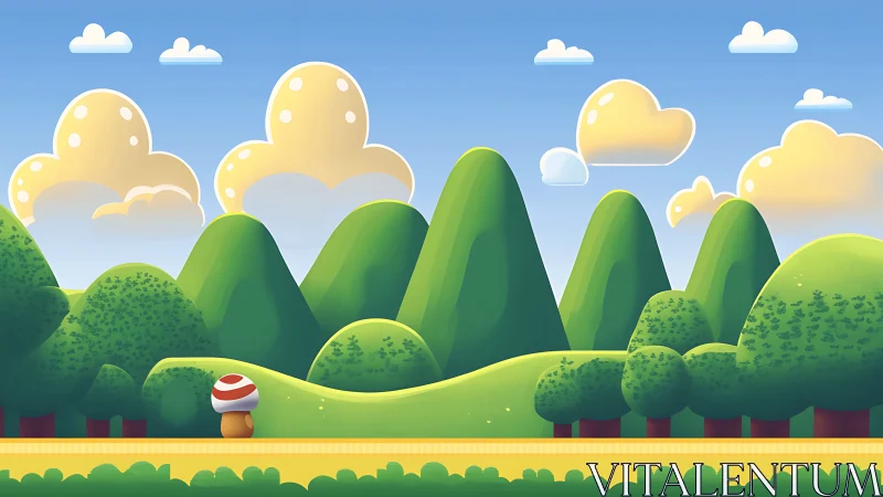 Whimsical Landscape with Mushroom Character in Stylized Natural Setting.