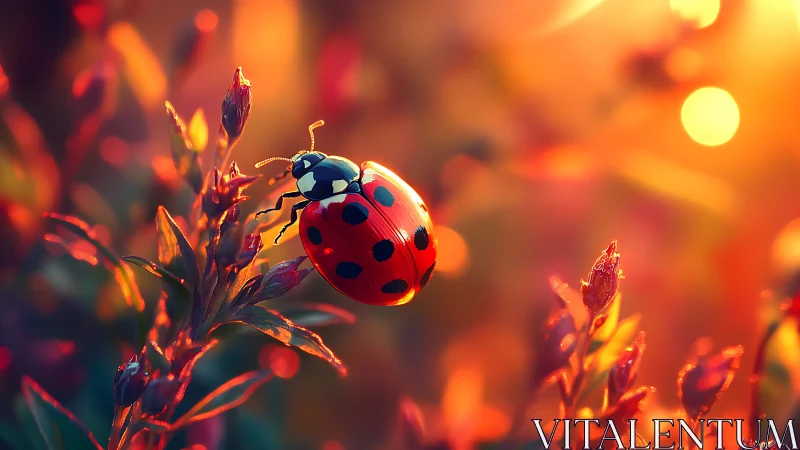 Ladybug macro on sunlit stems in vivid golden bokeh.