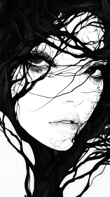 Ink-tangled roots gently rewrite the contours of her face