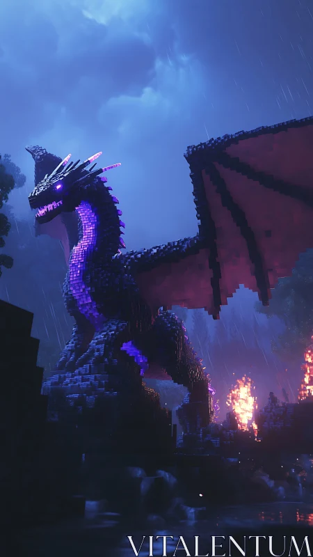 Voxel dragon illuminated in stormy neon rainstorm scene.