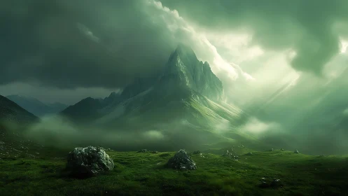 Moody green mountain peak under dense storm clouds.
