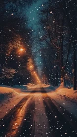 Lantern-lit winter road whispering under drifting snowflakes.