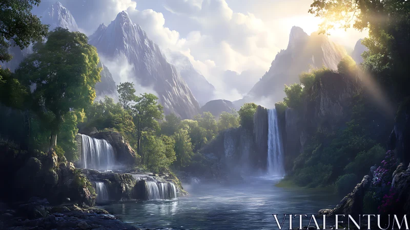 Sunlit cascade valley where mist and mountains whisper.