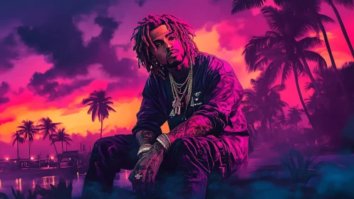 Stylized rapper portrait in neon tropical sunset scene.