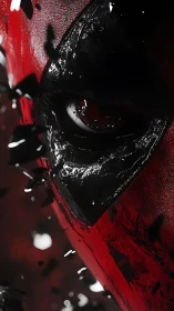 Masked red vigilante close-up with dynamic shattered debris.