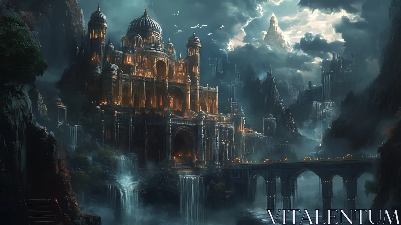 Stormlit mountain citadel where waterfalls guard the glow.