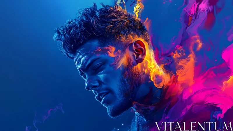 Neon-lit male portrait dissolves into vivid chromatic flames