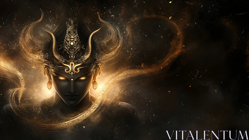 Horned cosmic deity with glowing eyes in swirling light.