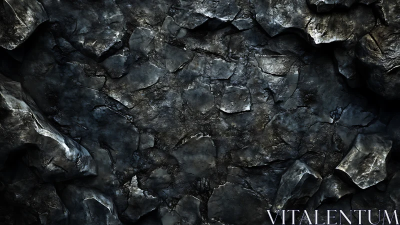 Brooding obsidian cavern wall slick with metallic midnight gleam.