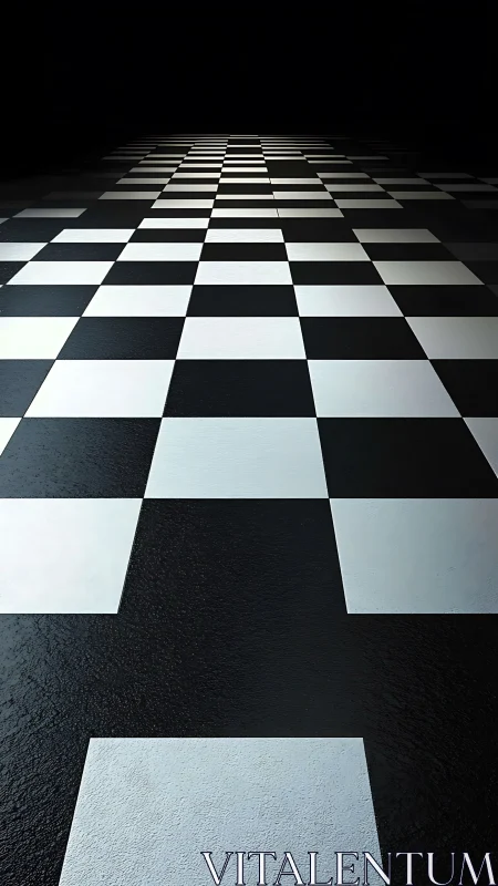 Endless checkered corridor dissolving into cinematic darkness.