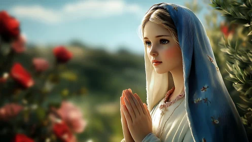 Devotional portrait of veiled young woman in sunlit garden