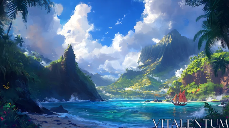 Tropical Paradise Valley with Red Sail Vessel and Pristine Waters