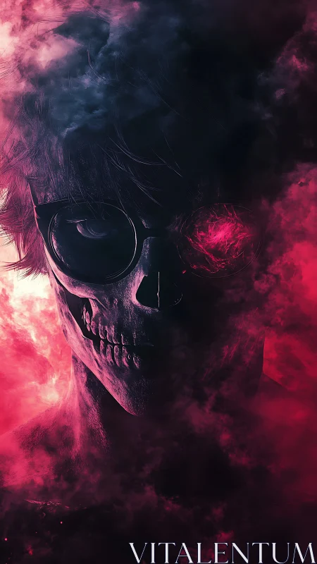 Smoldering skull-faced figure emerges through vivid scarlet haze