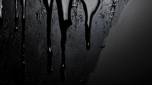 Photorealistic black liquid drips on textured dark surface.